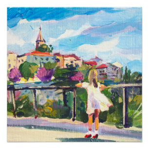 painting, girl siltrite on european medieval city poster