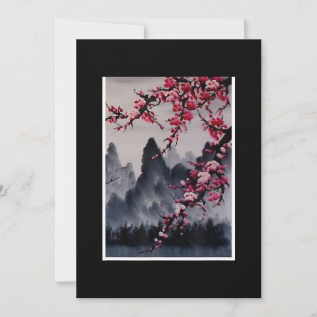 Painting | Japanese Art Cherry Blossom Mountain Holiday Card (Front)