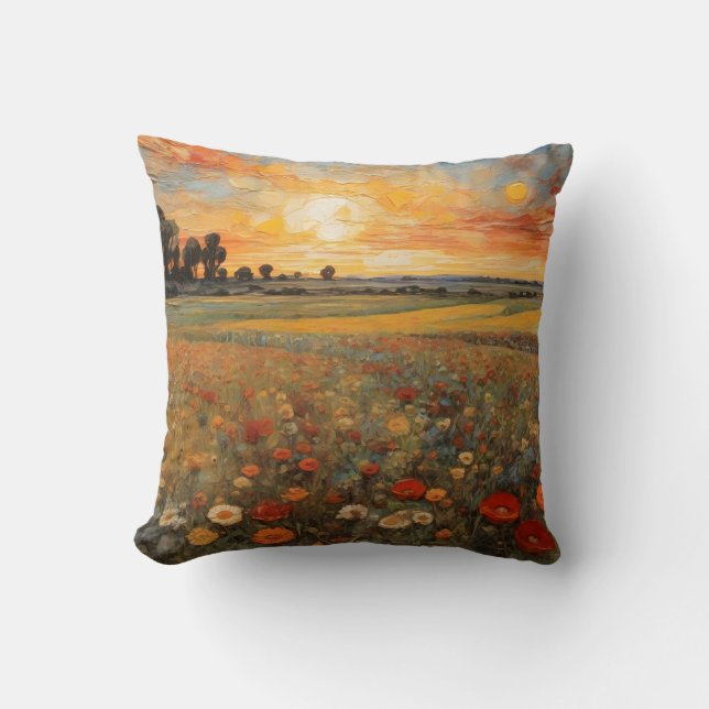 Painting Landscape Sunset Flower Field #3 Throw Pillow (Front)
