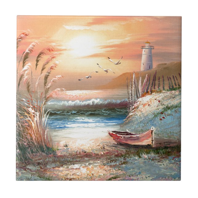 Painting Of A Beached Rowboat Near A Lighthouse Tile (Front)