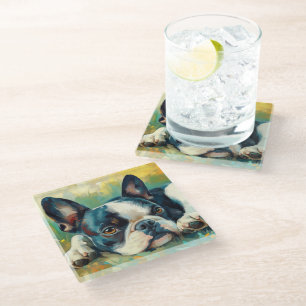 PAINTING OF A BLACK & WHITE BOSTON TERRIER DOG GLASS COASTER