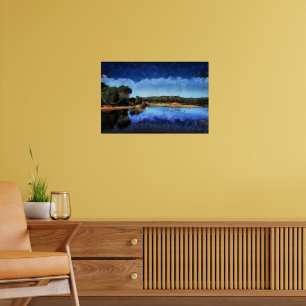 Painting of a calm blue lake in spring poster