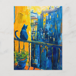 Painting of a Cat on Balcony Railing watching city Postcard