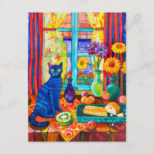 Painting of a Cat on Kitchen Table by Window Postcard