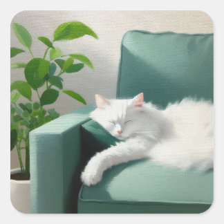 Painting of a Cat sleeping on a Green Couch Square Sticker