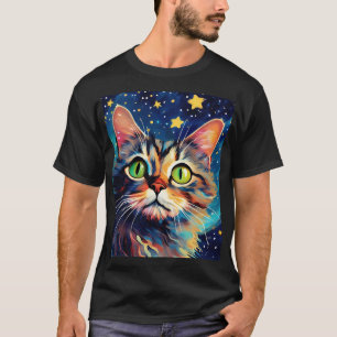 Painting of a cat with green eyes with stars T-Shirt