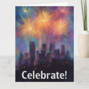 Painting of a City Skyline Underneath Fireworks Card
