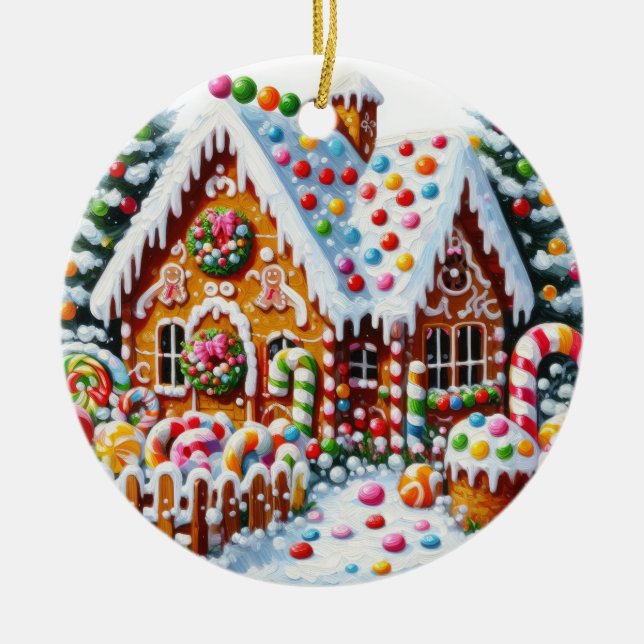 Painting of a Colourful Candy Gingerbread House Ceramic Ornament (Front)