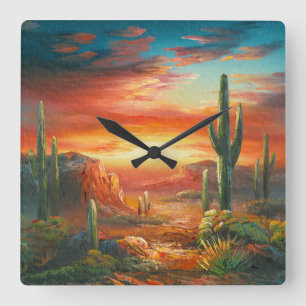 Painting Of A Colourful Desert Sunset Painting Square Wall Clock