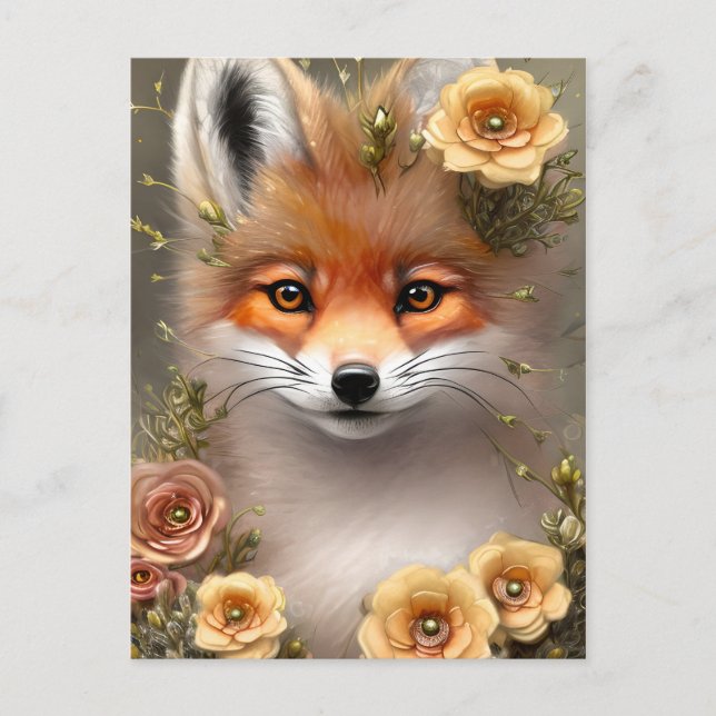 Painting of a Fox sitting among Flowers Postcard (Front)