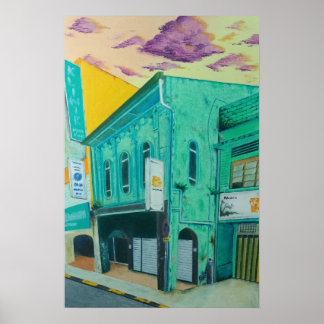 Painting of a Green Old Shophouse Poster