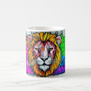 painting of a lion in vibrant and abstract colors. coffee mug