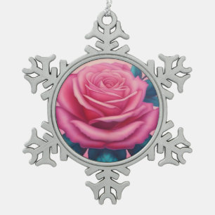 Painting of a neon pink rose snowflake pewter christmas ornament