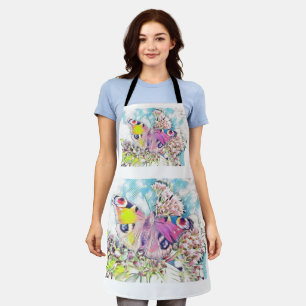 Painting of a pink butterfly on coloured flowers apron