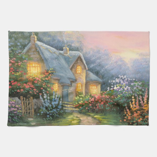 Painting Of A Rustic Fantasy Cottage Kitchen Towel (Horizontal)