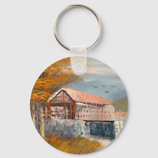Painting Of An Old Pennsylvania Covered Bridge Keychain (Front)