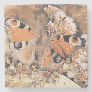 Painting of an orange and black butterfly on flowe stone coaster