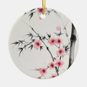 Painting of bamboo and cherry blossoms in wash  ceramic ornament