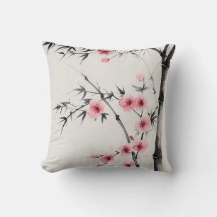 Painting of bamboo and cherry blossoms in wash throw pillow