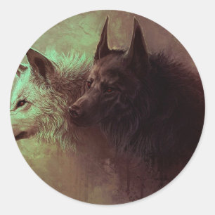 Painting of black wolf and white wolf. classic round sticker
