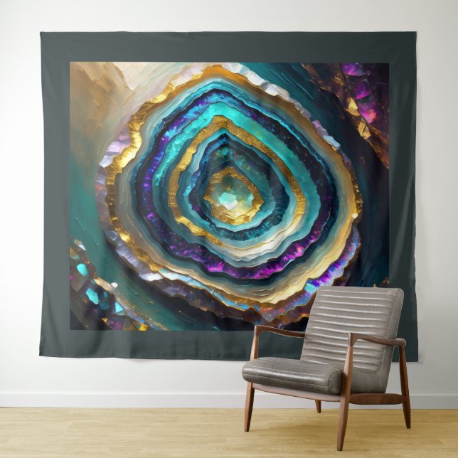 Painting of Blue Purple Amethyst Geode Gold Tapestry (In Situ (Horizontal))