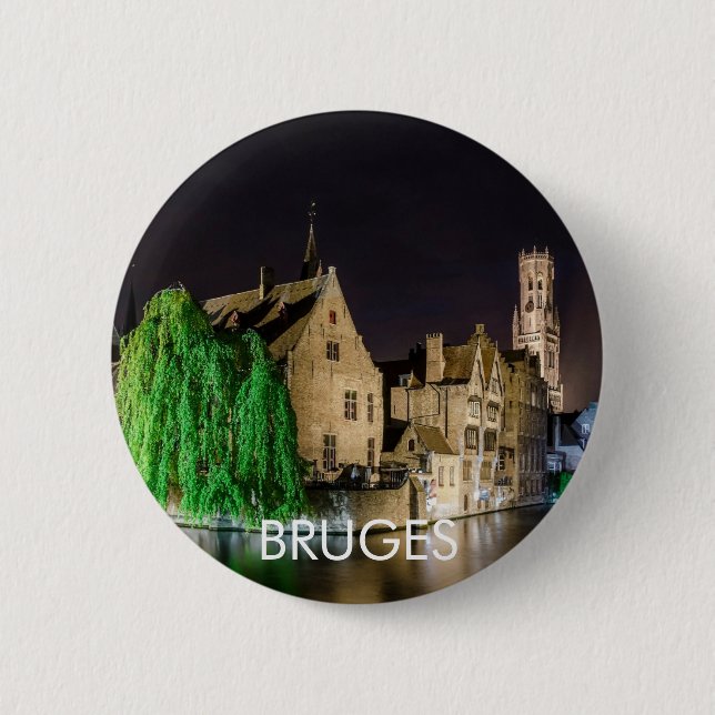 Painting of Bruges old town and Belfry tower 2 Inch Round Button (Front)