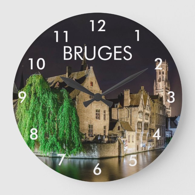 Painting of Bruges old town and Belfry tower Large Clock (Front)