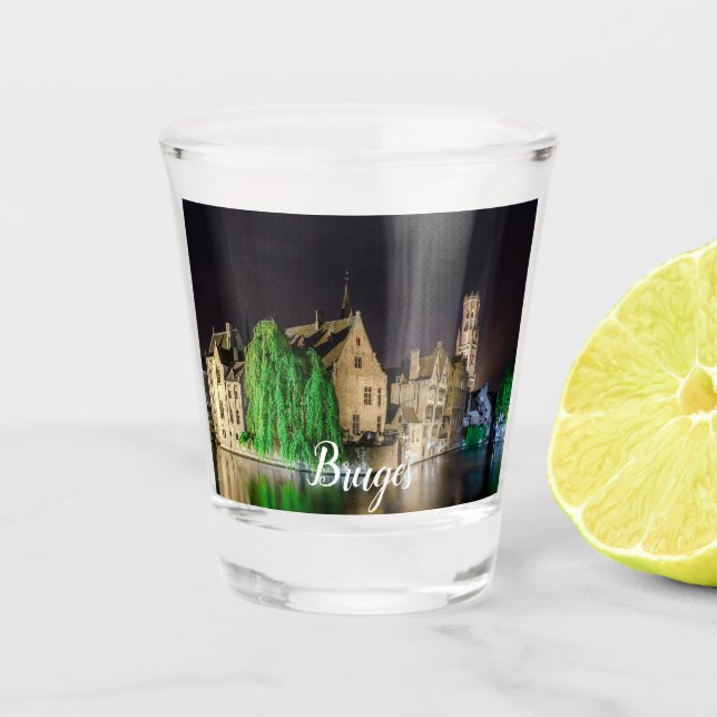 Painting of Bruges old town and Belfry tower Shot Glass (Front)