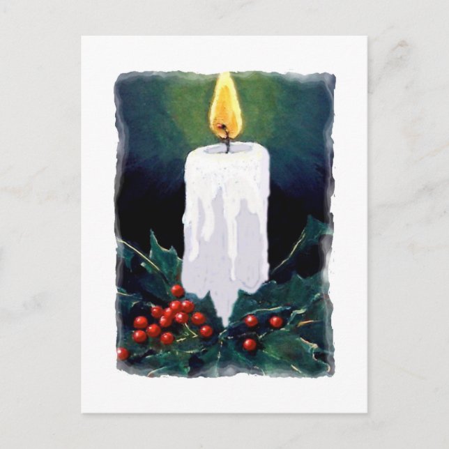 Painting of Candle and Holly: Christmas Holiday Postcard (Front)