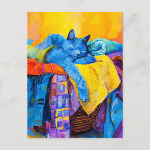 Painting of Cat Sleeping in Laundry Pile Postcard