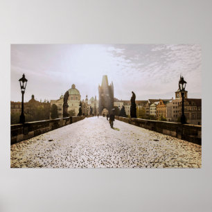 Painting of Charles bridge in Prague on sunrise Poster