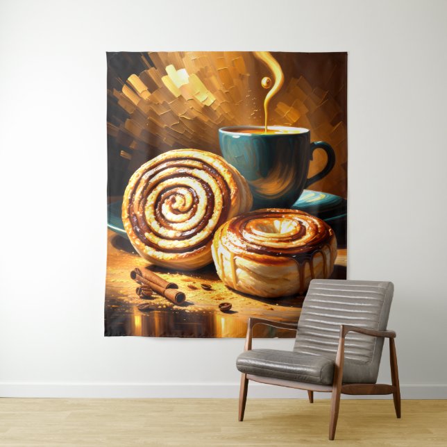 Painting of Coffee Cup and Cinnamon Rolls Abstract Tapestry (In Situ)