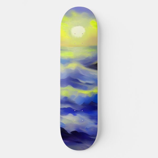 Painting of dark blue sea waves under the sun skateboard (Front)