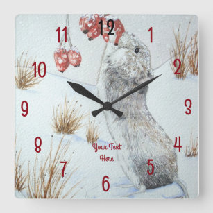 painting of field  mouse in snow wildlife square wall clock