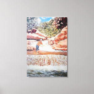 Painting of Fisherman In Waterfall Canvas Print