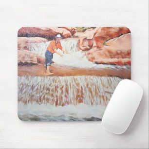 Painting of Fisherman In Waterfall Mouse Pad