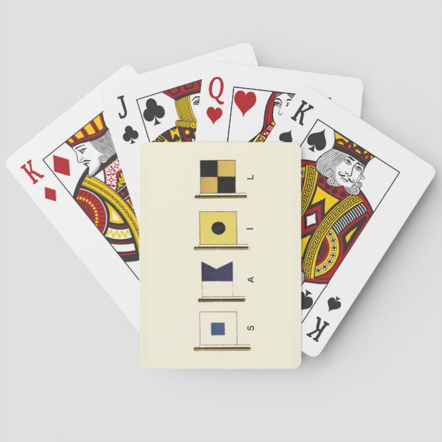 Painting of Four Flags with Sail Written Beneath Playing Cards (Back)