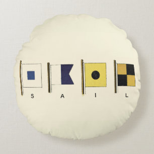 Painting of Four Flags with Sail Written Beneath Round Pillow