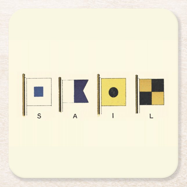 Painting of Four Flags with Sail Written Beneath Square Paper Coaster (Front)