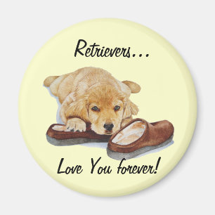 painting of golden retriever puppy dog with slogan magnet