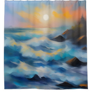 Painting of light blue sea waves under the sun