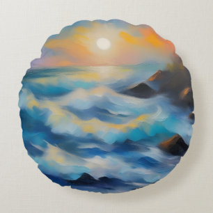 Painting of light blue sea waves under the sun round pillow