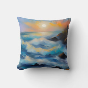 Painting of light blue sea waves under the sun throw pillow
