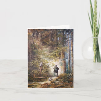 Painting of Man and Dog Walking a Forest Path Holiday Card