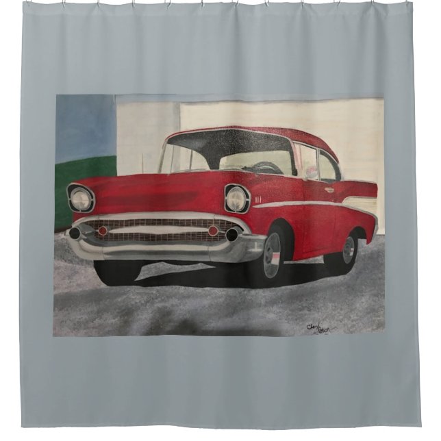 Painting of old style red car, shower curtains (Front)