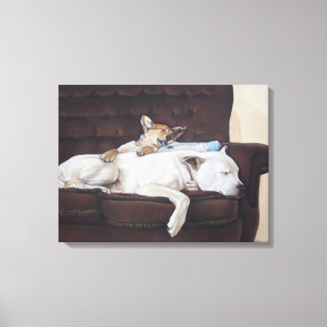 painting of puppy cuddling white american bulldog canvas print (Front)