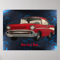 Painting of red vintage car on abstract blue black