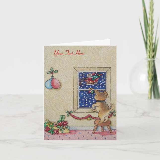 painting of santa sleigh with cute puppy christmas holiday card (Front)
