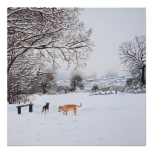 painting of snow scene landscape with dogs poster