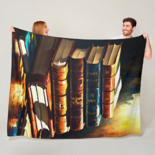 Painting of Stack of Old Books Cozy Reading Fleece Blanket